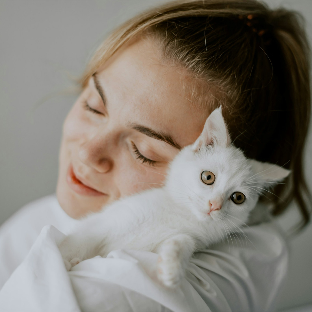 A girl hugging her cute white kitten