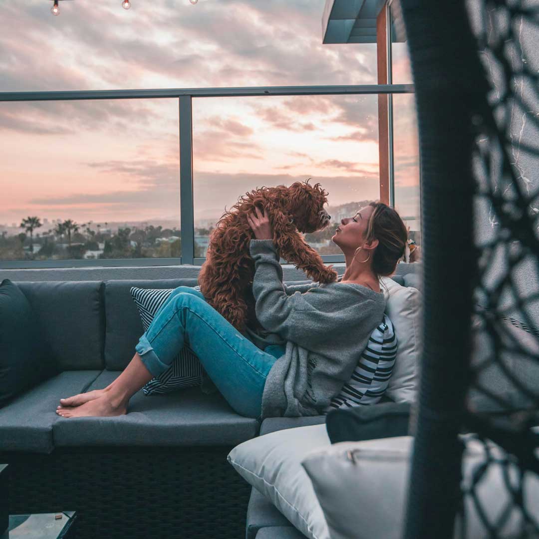 A-lady-holding-her-ruby-colored-poodle-sitting-on-a-sofa-witha-beautiful-view-at-the-back A lady holding her ruby colored poodle sitting on a sofa with a beautiful view at the back