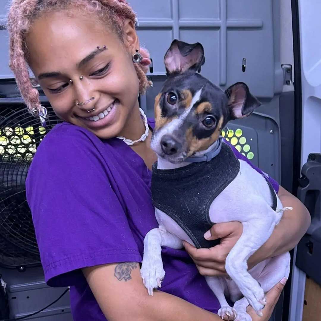 Our member with pink hair cradles a dog in her arms while sitting in a van.