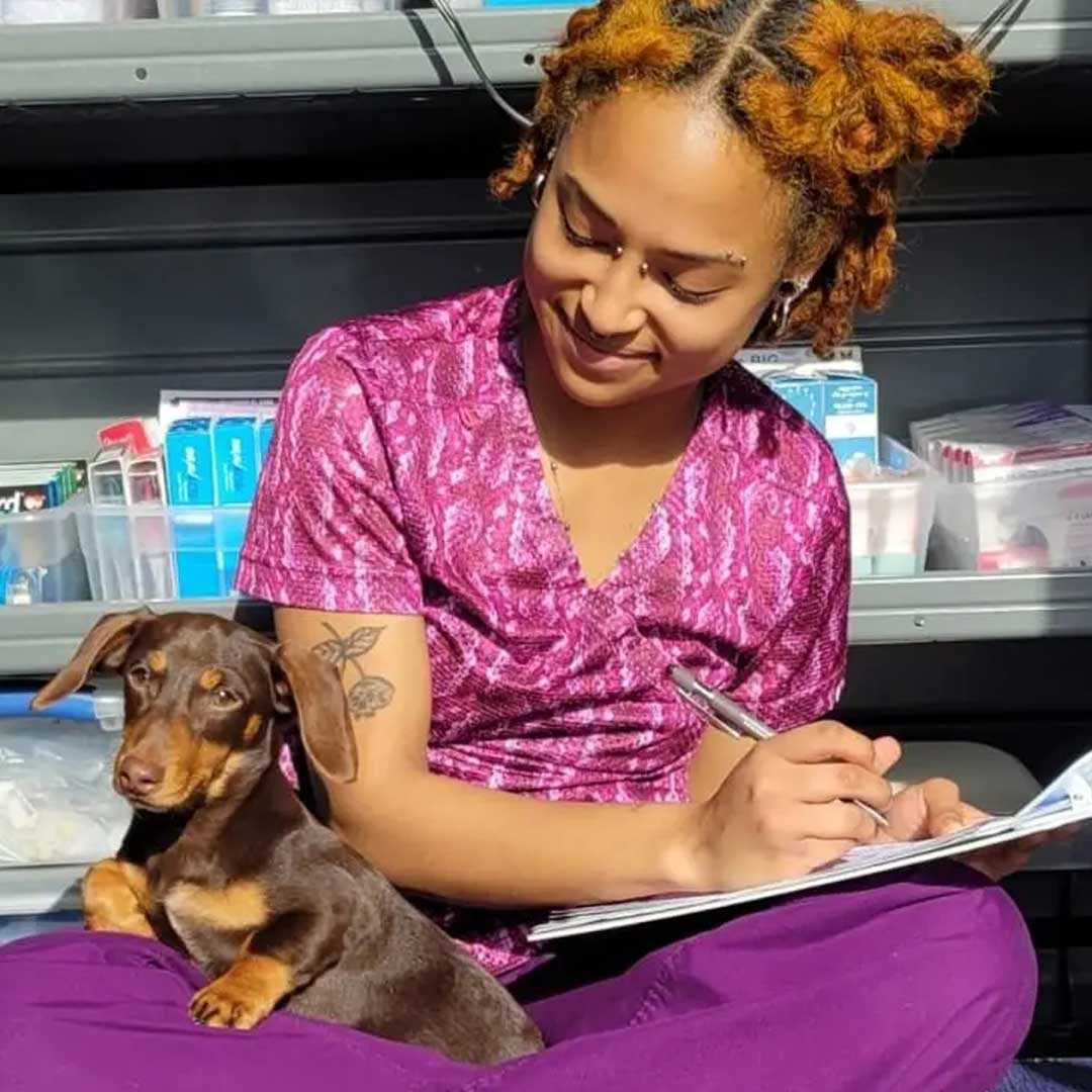 Our team member accompanied by a friendly dog at her side.